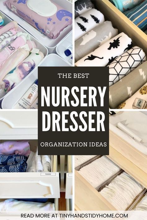 A collage of nursery dresser drawer organization. The text reads "The Best Nursery Dresser Organization Ideas" Dresser Organization Ideas, Baby Drawer Organization, Drawer Organization Ideas, Nursery Drawer Organization, Baby Dresser Organization, Nursery Organization Diy, Nursery Organization Ideas, Peanuts Nursery, Nursery Dresser Organization