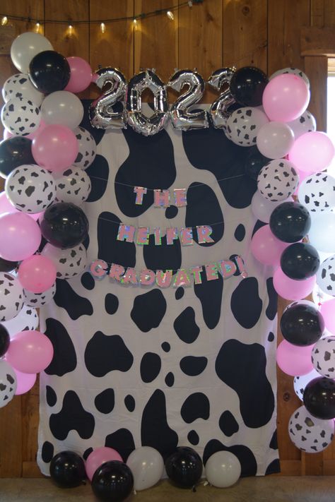 Graduation Party Ideas Cow Theme, Graduation Party Cow Theme, Cow Print Graduation Party Ideas, Cow Print Birthday Decorations, Pink Cow Print Party Ideas, Cow Graduation Party Ideas, Cow Print Graduation Party, Cow Themed Graduation Party, Holy Cow I Graduated