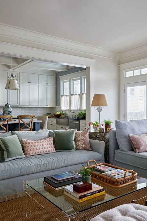 How To Style A Grey Couch With Color, Ballard Living Room, Living Rooms With Pops Of Color, Kitchen Island Behind Couch, Classic Home Living Room, Mix Match Wood Furniture Living Room, 20x20 Family Room Addition, Maine Living Room, Sectional And Couch In Living Room