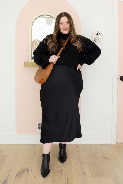 Plus size slip dress and turtleneck look #LTKcurves Plus Size Scandinavian Style, Plus Size Work Outfit Ideas, Sophisticated Plus Size Outfits, Plus Winter Fashion, Curvy Black Outfit, All Black Outfit Curvy, Quiet Luxury Plus Size, Plus Size Looks For Winter, Fall Work Outfits For Women Plus Size