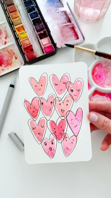 Watercolor Creative Ideas, Diy Cards For Valentines Day, Cute Watercolor Paintings For Boyfriend, Cute Doodles Watercolor, Doodles With Watercolor, Watercolor Cards Diy Simple, Watercolor Art For Cards, Quick Easy Watercolor Ideas, Valentines Water Color Cards