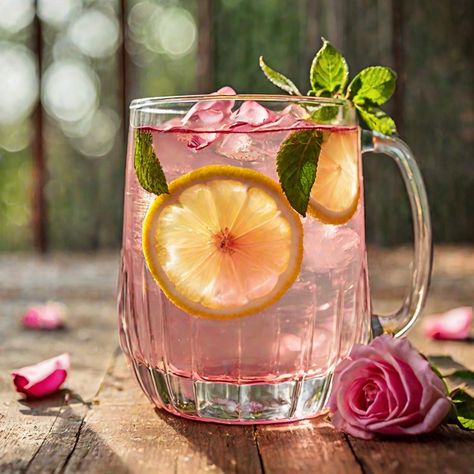 Rose Water Lemonade, Rose Lemonade Recipe, Rose Water Drink Recipes, Pink Juice Recipe, Rose Lemonade Cocktail, Rose Water Drink, Make Rose Water, Lemonade Tea Recipe, Beautiful Drinks