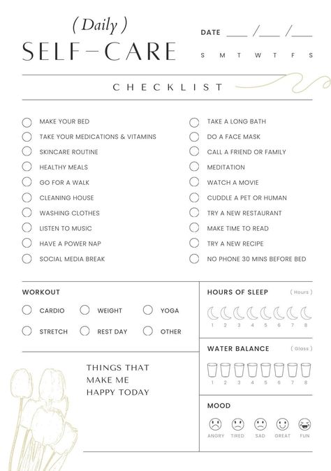 Printable PDF Daily Self Care Planner with checklist. Date adjustable. Instant Download. Can be reused constantly each year 2023, 2024, 2025. Goodnotes Compatible. Work out included, sleep hours, water balance and mood. Free Wedding Planner Printables, Before Bed Workout, Daily Self Care, Free Wedding Planner, Self Care Planner, Wedding Planner Printables, Social Media Break, Small Business Planner, Business Planner
