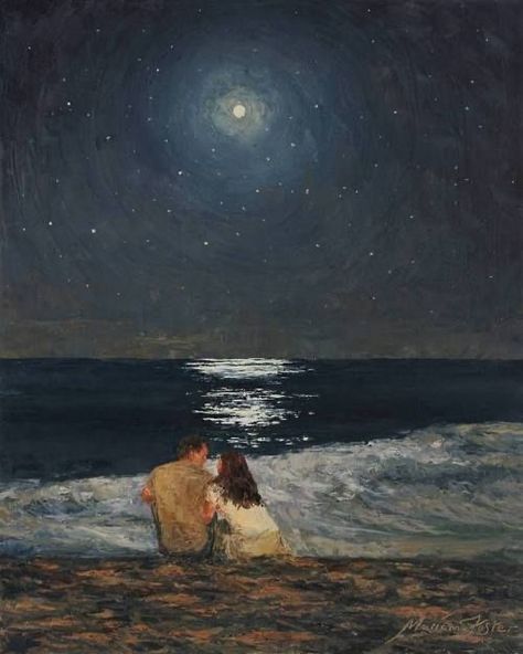 Painting Moonlight, Ocean Art, Love Couple, The Ocean, Art Print, Moon, Art