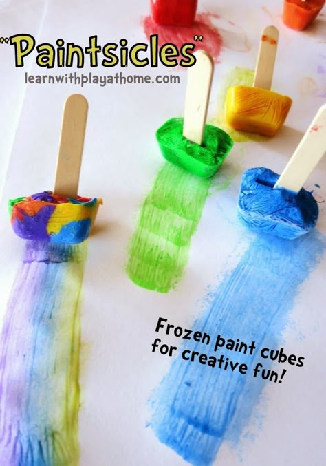 Learn with Play at Home: Paintsicles. Frozen paint cubes for creative fun. Frozen Paint, Crafts For Kids At Home, Frozen Painting, Kids At Home, Toddler Snacks, Toddler Art, Toddler Fun, Preschool Fun, Fun Crafts For Kids