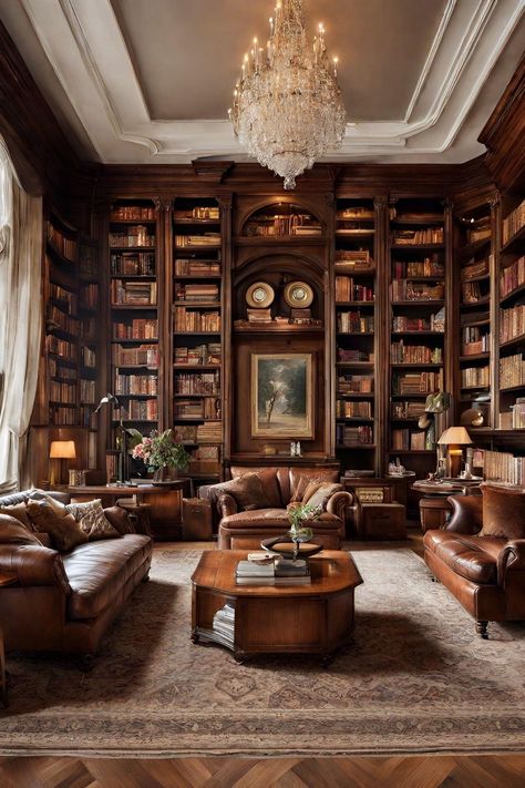 Home / X Luxurious Library, Aesthetic Home Design, Home Library Rooms, Wood Living Room, Dark Home Decor, Home Library Design, Dark Home, Home Libraries, Classy Aesthetic