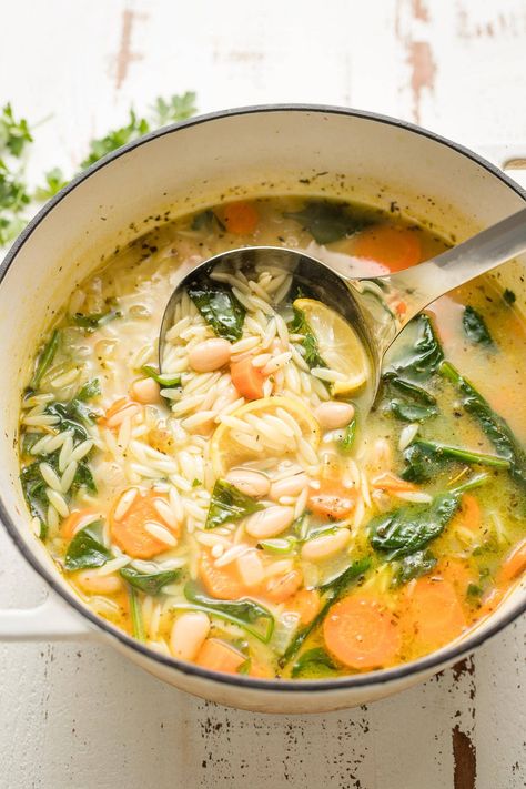 White Bean Orzo, Lemon Basil Orzo, White Bean And Spinach Soup, Basil Orzo, Orzo With Chicken, Spring Soup Recipes, Spinach Orzo, Spring Soups, Italian Seasonings