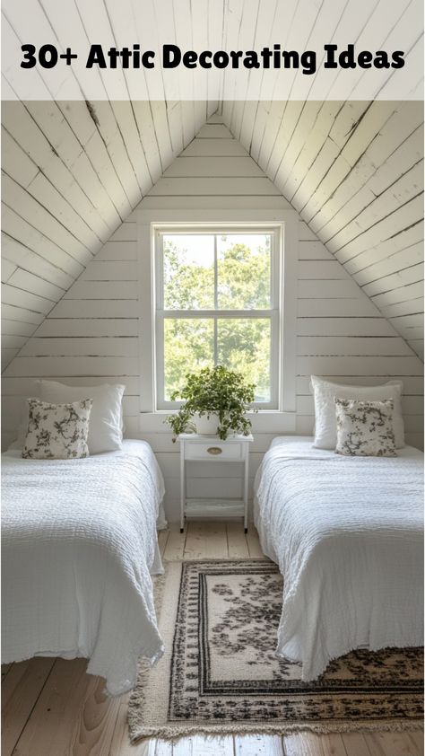 Attic guest room with two matching beds and neutral d�cor, featuring a simple design that emphasizes the sloped ceiling Bedroom In Attic Sloped Ceiling, Guest Room With Twin Beds Ideas, Sloped Ceiling Room Ideas, Dormer Interior Ideas, Sloped Ceiling Master Suite, Attic Guest Room Sloped Ceiling, Small Attic Bedroom Ideas Slanted Walls, Rustic Attic Bedroom, Attic Bedroom Ideas Slanted Walls