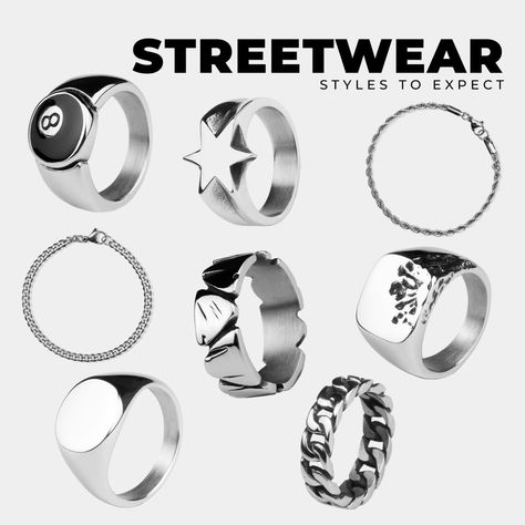 Curated Jewellery Gift Sets Gold Male Jewelry, Streetwear Men Accessories, Grunge Necklaces Men, Fashion Rings For Men, Skater Jewelry Aesthetic, Street Wear Jewelry Men, Y2k Mens Jewelry, Y2k Birthday Gifts, Streetwear Fashion Accessories