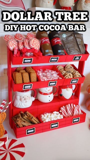 Hot Cocoa Bar Diy Ideas, Diy Cocoa Bar Ideas, Hot Chocolate Bar Home, Cute Hot Cocoa Bar, Got Cocoa Bar Ideas, Hot Cocoa And Cookies Party, How Cocoa Bar, Dollar Tree Cocoa Bar Ideas, Hot Cocoa And Coffee Bar Ideas Christmas