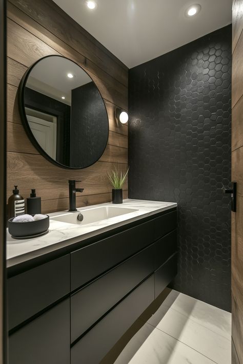 Transform your bathroom with sleek, modern wall art ideas that blend elegance and simplicity. Discover how wood textures and minimalist decor can enhance your space. Perfect for a contemporary touch! #WallArtIdeas #HomeDecor #BathroomDesign Concrete Wall Bathroom Ideas, Black And White Oak Bathroom, Texture Bathroom Walls, Modern Half Bathroom Design, Half Bathroom Decor Wallpaper, Bathroom Asthetic Picture, Beige And Black Bathroom Ideas, Black White Wood Bathroom, Wood Accent Wall Bathroom