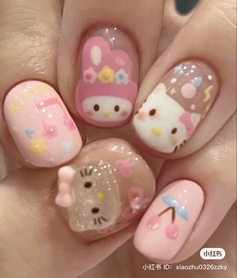 Hello Kitty Nails Art, 헬로키티 배경화면, Kutek Disney, Cute Short Nails, Hippie Nails, Cute Simple Nails, Hello Kitty Nails, Pretty Gel Nails, Really Cute Nails