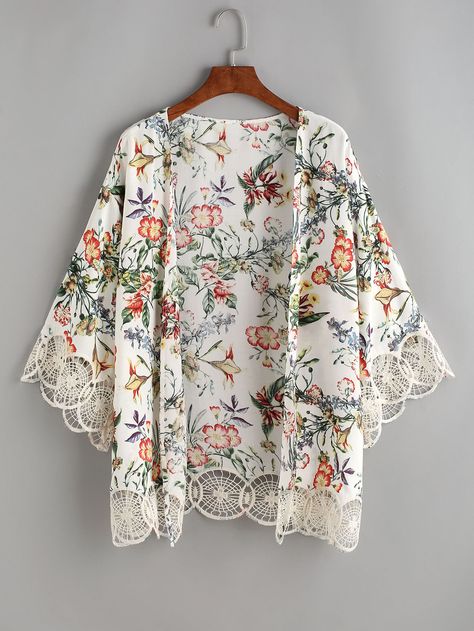 kimono170313705_2 Summer Kimono Outfit, Kimono Diy, Kimono Online, Outfit Shein, Lace Outer, Kimono Shrug, Kimono Outfit, Mode Kimono, Summer Kimono