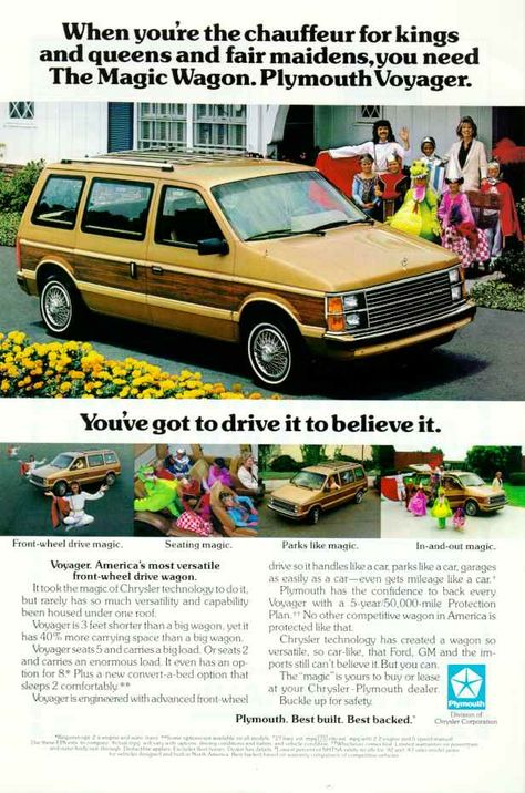 1985 Plymouth Voyager--one of the first minivans. Got one after second child. The wheels on the bus.... Chrysler Van, Vintage Transportation, Plymouth Valiant, Plymouth Voyager, Automobile Advertising, Dodge Vehicles, Car Brochure, Dodge Truck, New Retro Wave