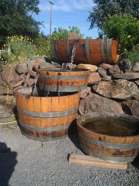 Half Wine Barrel Ideas, Wine Barrel Fountain, Wine Barrel Ideas, Trough Fountain, Wine Barrel Garden, Water Feature Ideas, Brewery Ideas, Barrel Fountain, Garden Gates And Fencing