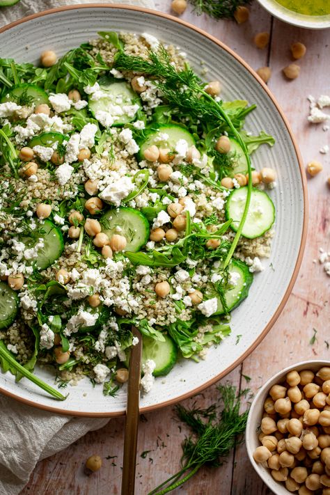 cucumber dill salad on a large plate with chickpeas and feta Quinoa Salad Cucumber, Spring Quinoa Salad, Arugula Quinoa Salad, Chickpea Dill Salad, Dill Chickpea Salad, Work Salads, Quinoa Arugula Salad, Salad With Dill, Dill Salad