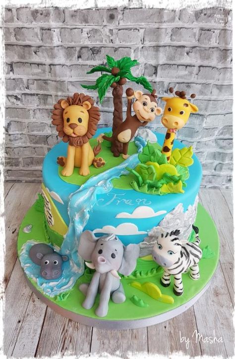 Happy jungle cake by Sweet cakes by Masha Gateau Baby Shower Garcon, Jungle Safari Cake, Jungle Birthday Cakes, Plat Halloween, Zoo Cake, Jungle Theme Cakes, Animals Cake, Jungle Thema, Animal Birthday Cakes