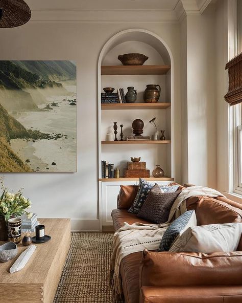 Boho Transitional Living Room, Ashley Montgomery, Leather Couch Living Room Decor, Brown Leather Couch Living Room, Tan Leather Couch, Styling Bookshelves, Leather Couches Living Room, Brown Couch Living Room, Brown Leather Couch