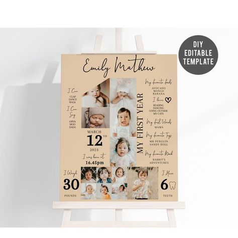 EDITABLE First Birthday Milestone Board, Number Milestone Sign, One Year Photo Collage Template One Year Photo Board, First Birthday Milestone Board, Year Board, Wedding Photo Collage, First Birthday Milestone, Birthday Milestone Board, Milestone Board, Foto Collage, Meaningful Artwork