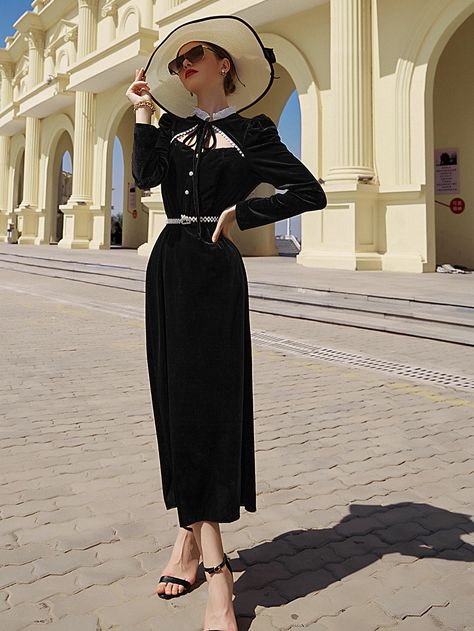 SHEIN Modely Frill Tie Neck Puff Sleeve Velvet Dress Without BeltI discovered amazing products on SHEIN.com, come check them out! Sleeved Velvet Dress, Mesh Maxi Dress, 2021 Fashion, Vintage Mode, Fashion Lady, Vestidos Vintage, 1940s Fashion, Mode Inspo, Mode Vintage