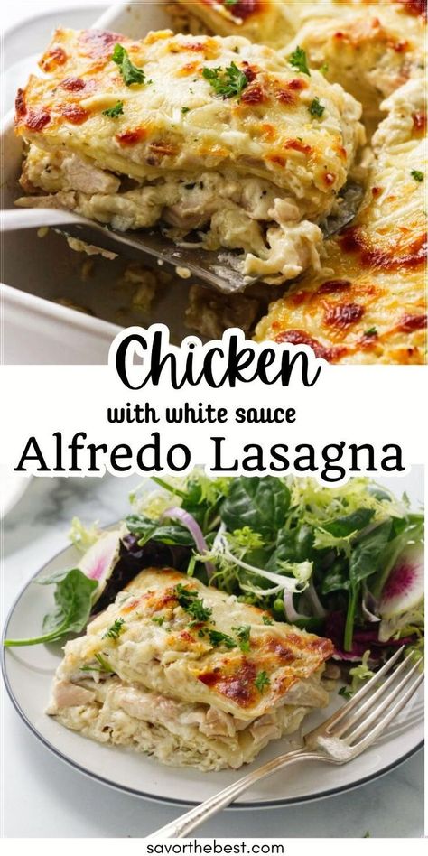 Our Chicken Alfredo Lasagna with white sauce is so easy. This rich, creamy, cheesy extravaganza is an upgrade from traditional lasagna. Thanks to the convenience of rotisserie chicken, it’s an easy recipe that saves you time without compromising flavor. White Chicken Alfredo Lasagna, Lasagna With White Sauce, Chicken Alfredo Lasagna Recipe, Creamy Chicken Alfredo, Chicken Alfredo Lasagna, Seafood Lasagna, Alfredo Lasagna, Facebook Recipes, Traditional Lasagna