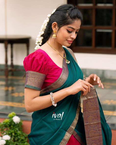 Tredisnal Saree Blouse Designs, Pattu Saree Puff Blouse Designs, Puff Hands Blouse Designs For Half Saree, Half Saree Puff Blouse Designs, Puff Blouse Back Design, Brocade Blouse Designs Latest For Pattu Sarees, Pattublouse Designs Latest, Puff Sleeve Blouses For Sarees, Bloue Hands Design