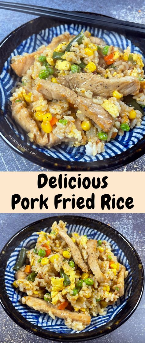 Pork Fried Rice is tasty and easy to make! Marinated strips of pork stir fried with mixed vegetables, eggs, garlic, rice, soy sauce and more! Stir Fry Recipes Pork, Pork Strips Recipes, Skillet Suppers, Pork Fried Rice Recipe, Pork Stir Fry Recipes, Pork Marinade, Pork Fried Rice, Garlic Rice, Chinese Vegetables