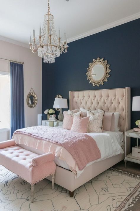 42+ Bedroom Color Scheme Ideas to Refresh Your Sanctuary - Blushiee Navy Blue Bedroom Ideas, Light Pink Bedrooms, Blue And Pink Bedroom, Navy Blue Bedroom, Beautiful Bedroom Colors, Navy Blue Bedrooms, Pink Bedroom Design, Blue And White Rug, Nursery Pink