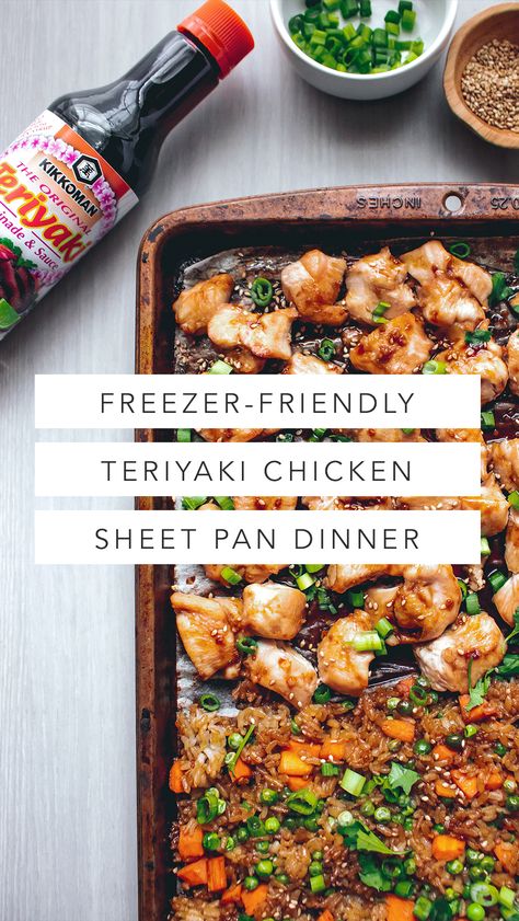 Freezer-Friendly Sheet Pan Teriyaki Chicken and Rice | This no-fuss dinner comes together in 45 minutes and just a few easy steps. Start with a simple sauce of Kikkoman® Teriyaki Marinade & Sauce, cane sugar, Sesame Oil, ginger, and minced garlic. Use it to drizzle bite-size chunks of chicken, then add cooked rice, frozen peas, and chopped carrots for a simple, kid-friendly dinner. Kids can even help measure out the rice and peas, and mix everything together. #Kikkoman Kikkoman Teriyaki Chicken Recipes, Sheet Pan Chicken Teriyaki, Kikkoman Teriyaki Chicken, Teriyaki Chicken Bites, Kikkoman Teriyaki Sauce, Sheet Pan Teriyaki Chicken, Teriyaki Chicken Marinade, Freeze Meals, Kikkoman Recipes