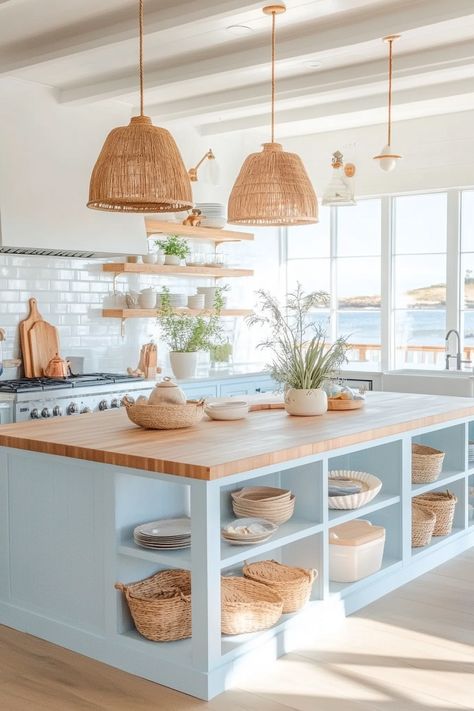 Discover the latest kitchen design with a serene coastal vibe! This bright and airy space features wicker accents, open shelving, and ocean views. Perfect for a refreshing and functional kitchen. #CoastalKitchen #InteriorDesign #LatestKitchenDesign Coastal Cowgirl Kitchen, Beach House Kitchen Design, Small Beach House Kitchen, Colorful Coastal Decor, Coastal Chic Kitchen, Coastal Boho Kitchen, Caribbean Kitchen, Wicker Accents, Wicker Kitchen