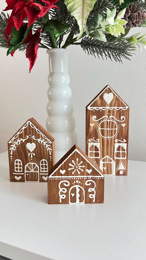 Handmade Wooden Set of 3 Gingerbread Christmas House Decorations , Christmas Village,| Festive Ornament Add a touch of handcrafted charm to your holiday décor with this delightful **handmade wooden Christmas  gingerbread house decoration**. Each piece is lovingly crafted from natural wood, designed to resemble the whimsical details of a traditional gingerbread house and festive Christmas tree. **Features - Made from **natural wood ** perfect for seasonal use year after year - Hand-painted with * Gingerbread House Mantle Decor, Gingerbread House Tree Decorations, Wood Block Gingerbread House, Gingerbread Village Decor, Bird House Gingerbread Houses, Handmade Wooden Christmas Gifts, Diy Wood Houses Christmas, Christmas Wood House Diy, Christmas Decorations Gingerbread Theme