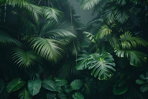 Tropical jungle plants and leaves in the dark background Dark Jungle Background, Desktop Wallpaper Leaves, Green Aesthetic Landscape Wallpaper, Dark Jungle Aesthetic, Tropical Leaf Background, Leafy Background, Jungle Background, Animal Sleeve, Jungle Plants