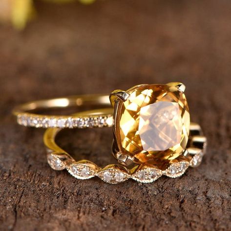 Yellow Gemstone Ring, Citrine Engagement Ring, Citrine Ring Engagement, Morganite Engagement Ring Set, Pink Morganite Engagement Ring, Cushion Engagement Ring, Yellow Gemstones, Engagement Ring White Gold, Sapphire Engagement Ring Blue