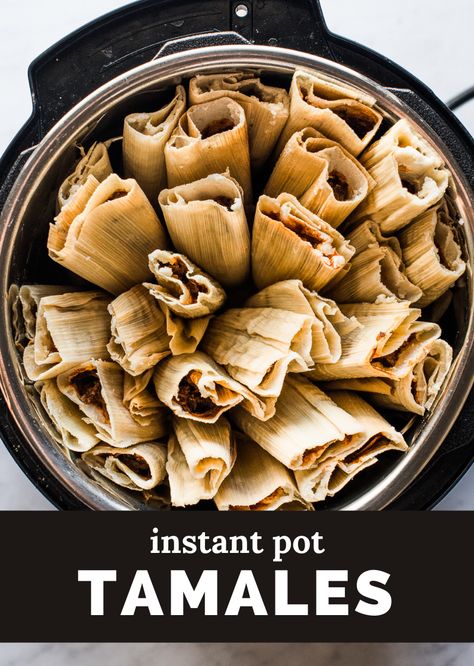 Overhead view of instant pot filled with tamales stacked upright. Instant Pot Tamales, Isabel Eats, Pork Tamales, Southwestern Recipes, Red Chile Sauce, Tamale Recipe, Chile Sauce, Homemade Mexican, Boneless Pork Shoulder