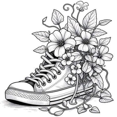 Shoe Coloring Pages, Shoes Coloring, Printable Flower Coloring Pages, Flores Tattoo, Tattoo Coloring Book, Coloring Printables, Designer Sneaker, Adults Coloring, Spring Coloring Pages