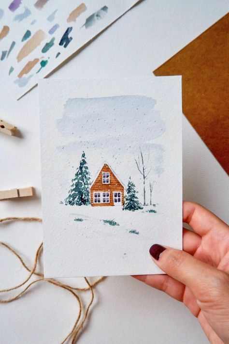 Wooden house in snowy winter painted in watercolor #watercolor #winter #snowy #illustration #postcard # christmas Christmas Watercolor Ideas Xmas Cards, Landscape Painting Watercolor, Diy Postcard, Illustration Postcard, Christmas Landscape, Watercolor Postcard, Watercolor Winter, Christmas Card Art, Winter Watercolor