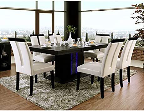 Furniture of America Antoine Wood 7-Piece Dining Set in Black and Beige Wood Dining Room Set, Contemporary Decor Living Room, Led Panels, Solid Wood Dining Set, Leather Side Chair, Contemporary Dining Table, 7 Piece Dining Set, Dining Table Black, Pedestal Dining Table