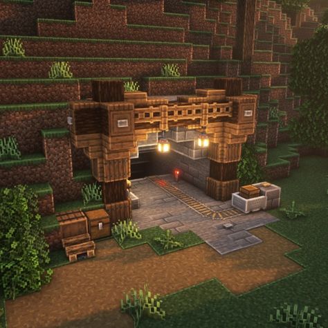 Minecraft Mine Entrance Design EASY in Survival Base Ideas Minecraft Survival, Mineshaft Entrance Minecraft Ideas, Medieval Minecraft Mine Entrance, Minecraft Crop Storage, Minecraft Building Ideas Entrance, Cute Cave Entrance Minecraft, Mining In Minecraft, Minecraft Building Ideas Mine Entrance, Minecraft Cave Enterence Ideas