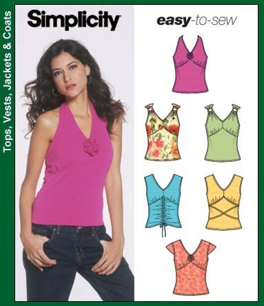 Simplicity 5055 knit tops sewing pattern Easy Sew Top, Halter Top Sewing Pattern, Top Pattern Sewing, Tank Top Sewing Pattern, Halter Top Pattern, Easy Diy Clothes, Fabric Sewing Patterns, Flattering Outfits, Top Sewing Pattern