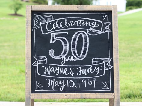 50th Anniversary Chalk Board Design 50th Anniversary Signs, 50th Anniversary Chalkboard Signs, 30th Anniversary Decorations, Happy Anniversary Lettering, Anniversary Chalkboard, Chalkboard Inspiration, 50th Wedding Anniversary Decorations, Anniversary Decoration Ideas, Anniversary Letter