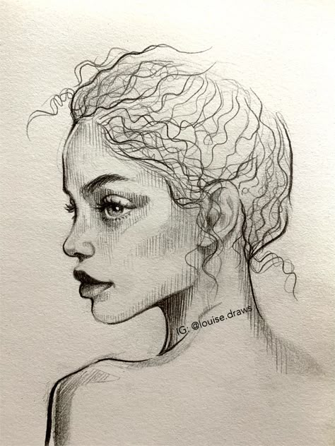 Side Profile Portrait of a Woman Profile Drawing, Side Profile, A Drawing, Pencil Drawing, Curly Hair, Pencil, Drawings, Hair, Art