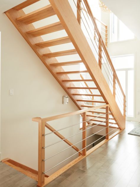 Open Rise Oak - Specialized Stair & Rail Stacked Staircase, Horizontal Railing, Open Basement Stairs, Redo Stairs, Cabin Renovation, Open Stairs, House Staircase, Stair Rail, Cottage Retreat