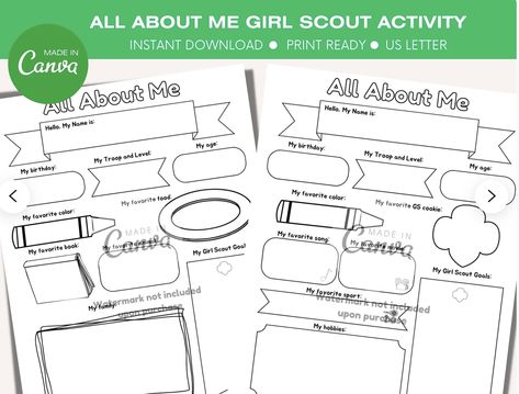 Girl Scouts Info Sheet Template, Girl Scout Printable All About Me Girl Scout Activity, New Member Introduction For All, Daisy Intro Sheet Are you looking for a Girl Scout Info Sheet / Girl Scout All About Me Template? Our "All About Me Introduction Sheet" template, specially designed for Girl Scouts of all ages! This beautifully crafted template is the perfect way for Girl Scouts to introduce themselves and get to know their troop members better Girl Scout Introduction Activity, Kaper Chart Girl Scouts, Info Sheet Template, Intro Sheet, Printable All About Me, Introduction Activities, About Me Template, Girl Scout Activities, Girl Scout Juniors