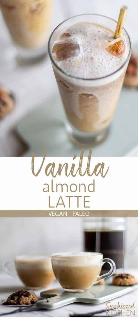 Vanilla Almond Latte / This healthy paleo and vegan latte starts with a homemade vanilla almond milk creamer. Enjoy hot, or as an iced almond latte. | SUNKISSEDKITCHEN.COM | #almondmilk #latte #recipe #vanilla #paleo #vegan Paleo Latte Recipes, Smoothie Almond Milk, Almond Milk Creamer, Homemade Granola Bars Healthy, Vegan Latte, Cafe Drinks, Almond Latte, Almond Milk Latte, Homemade Granola Healthy