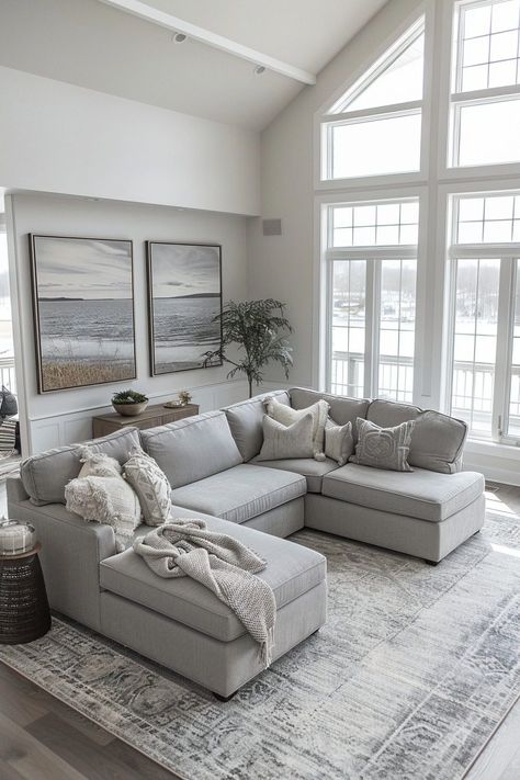 29 Grey Couch Living Room Ideas for a Chic and Versatile Space 6 Family Room Ideas Grey Couch, Light Gray Couch Small Living Room Ideas, House Decor Grey And White, Light Gray Apartment, Rugs In Living Room Grey Couch, Grey Hardwood Floors Living Room Decor, Living Room Inspo Grey Couch, Couch Cushions Styling, Grey Couches Living Room Decor