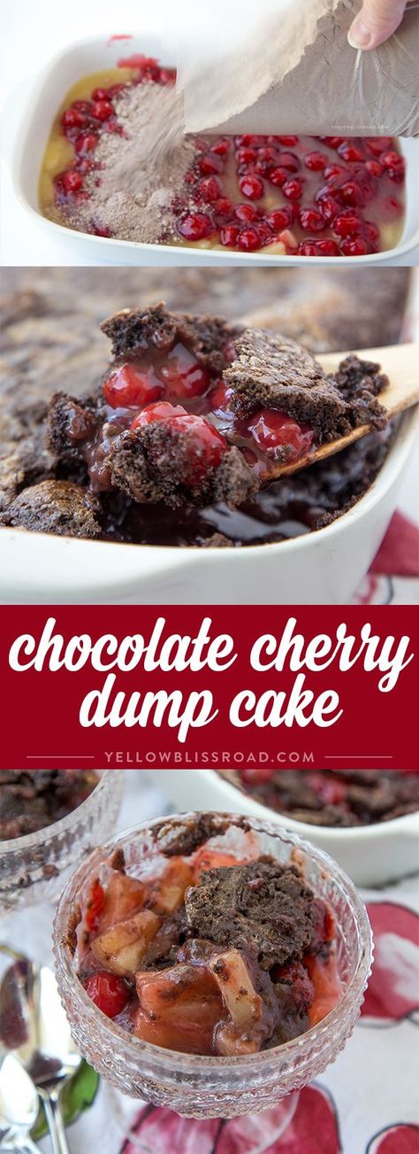 Chocolate Cherry Dump Cake with Pineapple - the easiest cobbler-like dessert… Chocolate Cherry Dump Cake, Dump Cake Recipes Chocolate, Cherry Pineapple Dump Cake, Cherry Dump Cake Recipe, Chocolate Dump Cake, 3 Ingredient Cakes, Dump Recipes, Cherry Dump Cake, Dump Cake Recipe