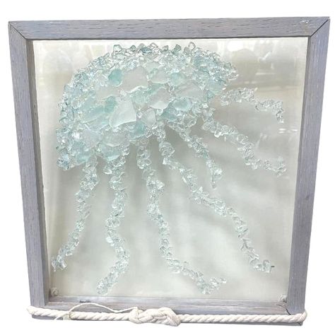 Handmade sea glass creation in a frame, can hang on a wall. LOCAL PICKUP ONLY Materials: Glass, Wood, Fiber Colors: Clear, Light Bluw Approx. Dimensions: 12" x 11.5" Approx. Weight: 2 lb -- LOCAL PICKUP ONLY By: Paula Ritterbeck Crushed Glass Art On Canvas, Shard Art, Broken Glass Crafts, Diy Projects To Make And Sell, Sea Glass Mosaic, Underwater Art, Seaside Decor, Sea Crafts, Sea Glass Crafts