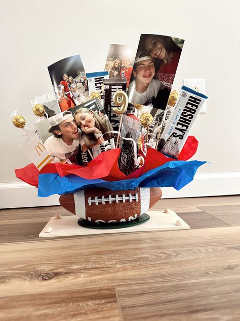 football, quaterback, gift basket Game Day Basket Football, Football Bf Basket, Signs For Football Games Boyfriend, Football Themed Gifts, First Game Football Gifts For Boyfriend, Football Camp Basket, Football Bf Gifts, Homecoming Gift Basket, Boyfriend Football Baskets