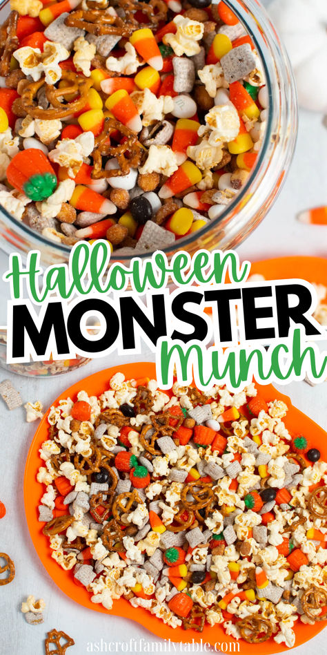 Halloween monster munch snack mix with popcorn at a Halloween party. Kindergarten Snacks For Classroom, Easy Preschool Halloween Treats, Halloween Party Food For Kids School, Monster Munch Popcorn, Halloween Office Snacks, Harvest Party Snacks For Kids, Elementary School Halloween Party Snacks, Sweet And Salty Popcorn Mix Recipes, Halloween Snacks For Class Party