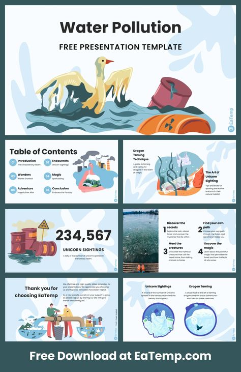 Water Pollution PPT Presentation Template - Free PowerPoint Templates, Google Slides, Figma Deck And Resume Canva Idea, Flood Mitigation, Mẫu Power Point, Scientific Poster, Ppt Template Design, Free Ppt Template, Marine Pollution, Powerpoint Slide Designs, Presentation Design Layout